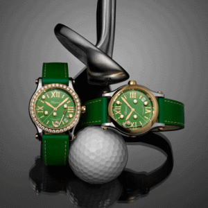 the dial of chopard new golf watch has diamond balls that move across the green