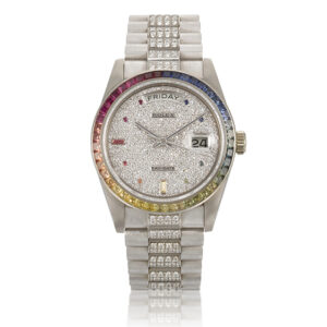 a rare rainbow jewel encrusted rolex is up for auction and bids are climbing fast