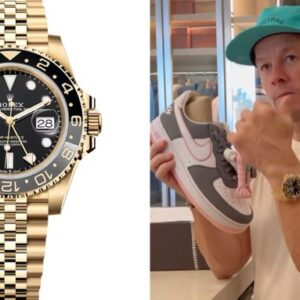 ticks and kicks mark wahlberg shows off a yellow gold rolex gmt master ii and a pair of fat joes nikes